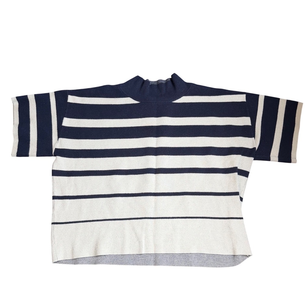 Maeve Anthropologie Navy Blue White Striped Short Sleeve Mock Neck Sweater XL
